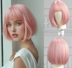 Elegant Light Pink Bob Wig with Bangs for Women - 12 Inch, High-Density Synthetic Hair, Perfect for Daily Wear & Parties