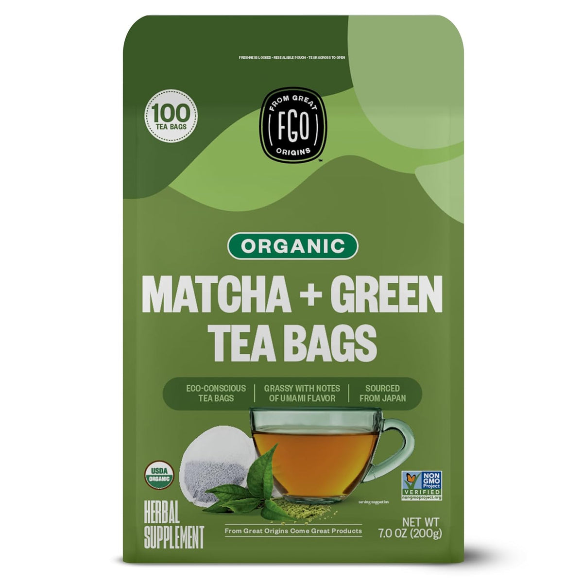 FGO Organic Japanese Matcha + Green Tea, Eco-Conscious Tea Bags, 100 Count