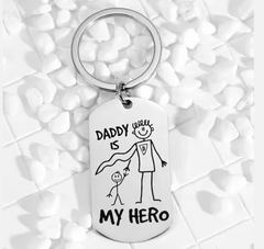 Fathers Day Gift DADDY IS MY HERO Cartoon Stainless Steel Keychain