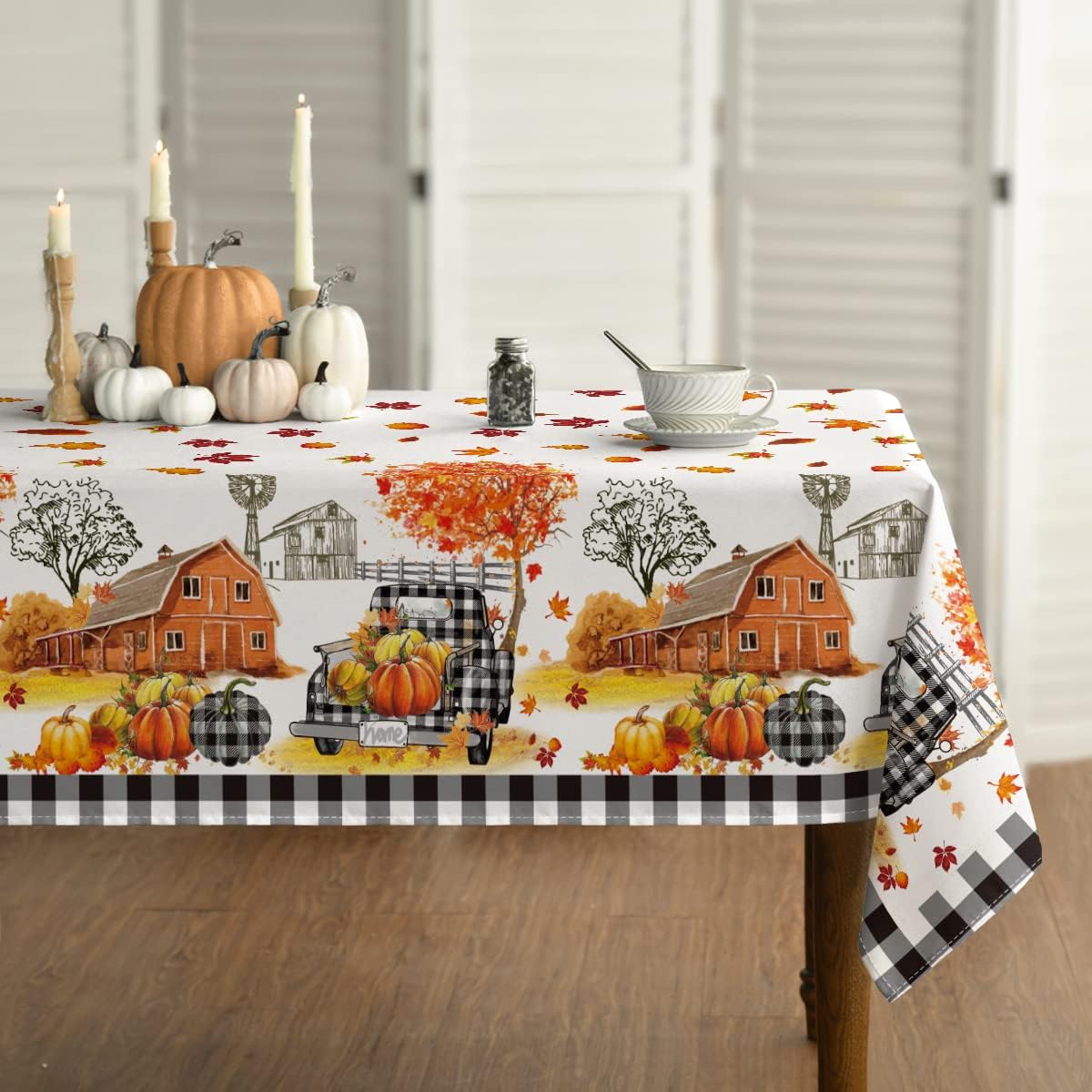 Thanksgiving Autumn Harvest Black Buffalo Plaid House Pumpkin Truck Table Cover for Party Picnic Dinner Decor