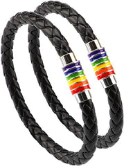 Gay Pride Bracelet LGBT Rainbow Bracelet (2 Packs), Couple Leather Bracelet Men’s Women’s Bangle with Rainbow Striped Stainless Steel Magnetic Clasp 22cm