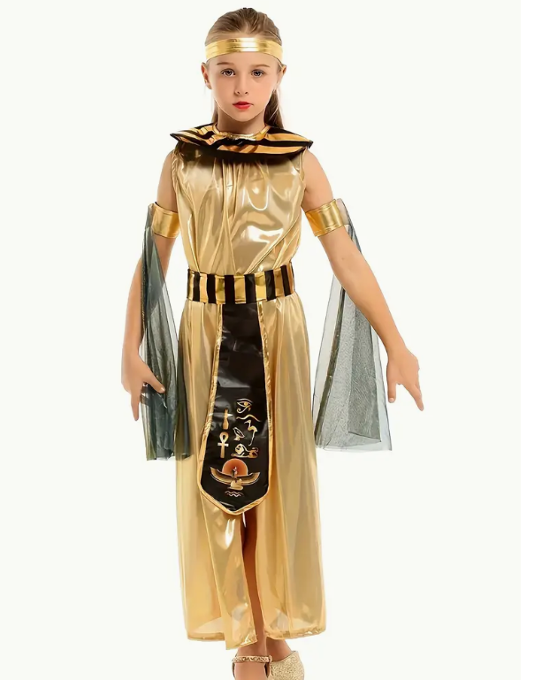 Girls Fancy & Stunning Egyptian Princess Dress Up Outfit, Sleeveless Ethnic Style Dress With Mesh Decoration For Carnival Halloween Party