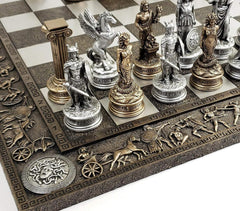 Gods Zeus vs Poseidon Pewter and Bronze Color Chess Set with 17" Greek Board