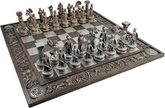 Gods Zeus vs Poseidon Pewter and Bronze Color Chess Set with 17" Greek Board