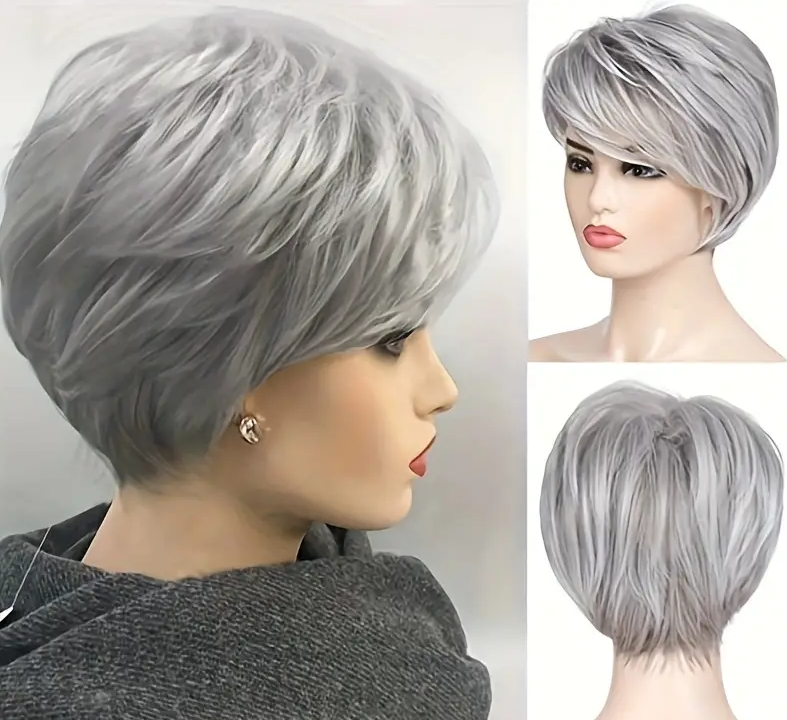 Grey Wig Short Layered Synthetic Wig with Bangs Heat Resistant Replacement Hair Wig for Women