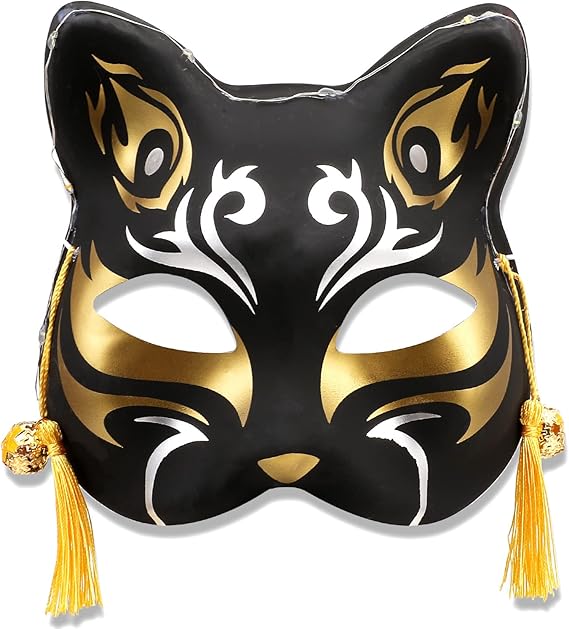 Halloween Fox Mask Half Face Cat Kitsune Mask for Cosplay, Japanese Style Animal Fox Mask for Masquerade Ball Party