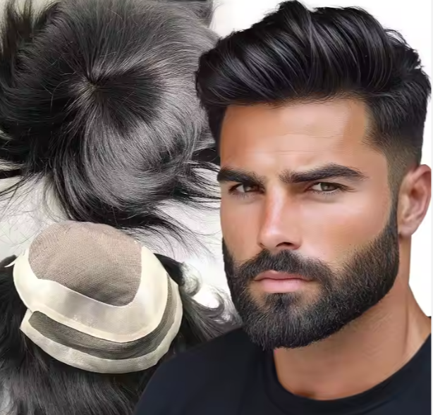 1B Black Color Hollywood Base Men's Toupee natural Human Hair piece Replacement system mens wig For Hair Loss toupee for men