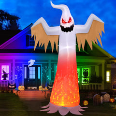 12FT Giant Halloween Inflatable Ghost Outdoor Decorations, Huge Blow up Ghost, Built-in LED Fire Flame with Blinking Red Eyes