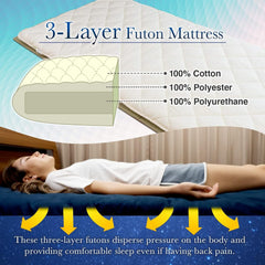 Japanese Futon Mattress, 100% Cotton, Foldable & Portable Floor Lounger Bed, Roll Up Sleeping Pad, Shikibuton, Made in Japan (White, Twin XL)