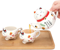 Japanese Lucky Cat Tea Set Ceramic Maneki Neko Teapot, 2 Teacups, Tea set, with Stainless Steel Infuser in Gift Box (Red Scarf)