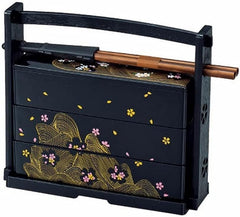 Japanese Lunch Bento Box Three Tiers with Chopsticks Traditional Plastic Lacquered Sushi Serving Container Sakura Cherry Blossom Pattern, Made in Japan
