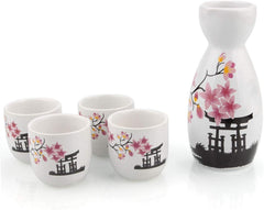 Japanese Sake Set, 1 Tokkuri Bottle & 4 Ochoko Cups, Spring Blossoms Ceramic Sake Set