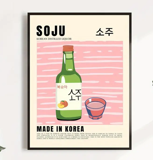 Korean Soju Canvas Art Print - Unframed Bottle & Shot Glass Wall Decor For Home, Bedroom, Living Room, Cafe