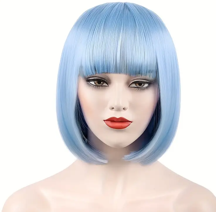 Light Blue Bob Wig - Short Light Blue Straight Bob Wigs with Bangs for Women, Colorful Short Hair Wig, Cute Synthetic Wig