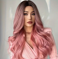 Long Ombre Pink Wigs For Women Without Bangs