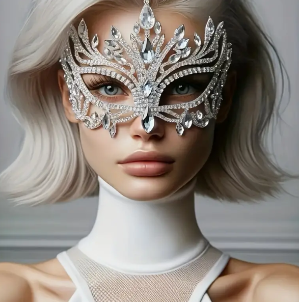 Luxurious Crystal Rhinestone Masquerade Mask - Geometric Diamond Pattern, Glass Inlaid, Glamorous Accessory for Halloween Parties, Vampire Theme Events, and Fashionable Everyday Wear Jewelry