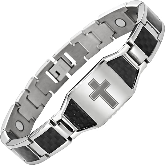 Men's Titanium Magnetic Christian Cross Bracelet with Black Carbon Fiber Insets Adjustable