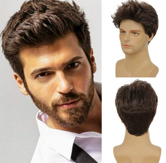 Mens Short Brown Wig Short Fluffy Hair Natural Looking