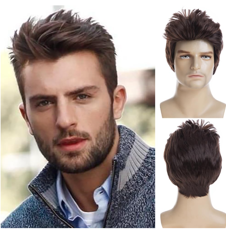 Mens Wig Brown Short Layered Cosplay Hair Wig Synthetic Full Wigs for Male Guy