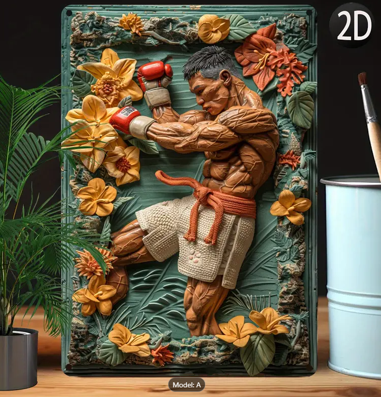 Muay Thai Boxer 3D Relief Metal Wall Art - 8x12 Inches Decor