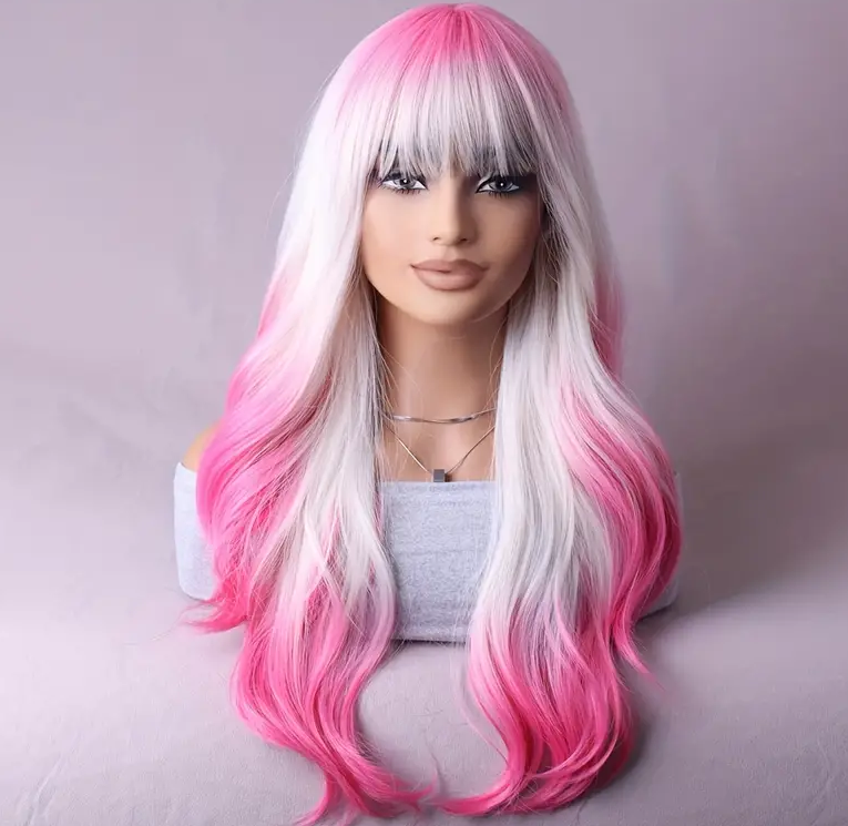 Multi-Color Gradient Fashion Wig - Whole Head Set with Fringe, Suitable for Festival Wear, White and Purple Ombre Design, High-Quality Synthetic Fibers