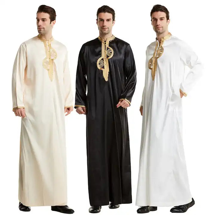 Polyester Embroidered Round Collar Robe Muslim Man Haramain Turkish Islamic Abaya Thobe