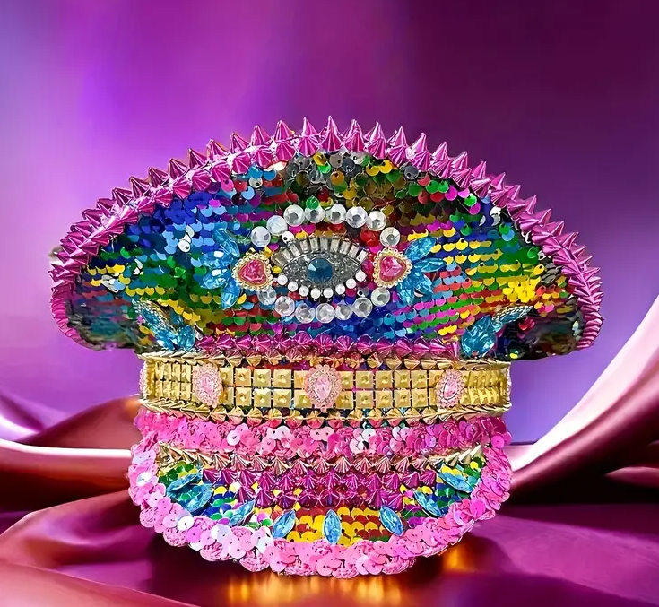 One Unisex Colorful Blue Eye Punk Hat Pink Rivets And Rhinestones Steampunk Style Halloween Punk Hat Beaded Hat Magician Hat Dress Up Hat Masquerade Hat Bridal Hat Suitable For Day Of The Dead, Adult Party, Cruise Ship Party