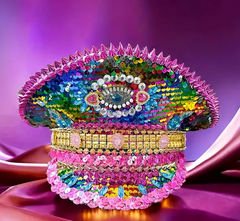 One Unisex Colorful Blue Eye Punk Hat Pink Rivets And Rhinestones Steampunk Style Halloween Punk Hat Beaded Hat Magician Hat Dress Up Hat Masquerade Hat Bridal Hat Suitable For Day Of The Dead, Adult Party, Cruise Ship Party