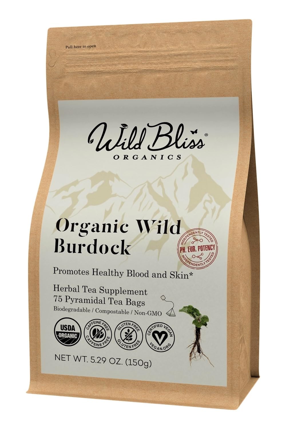 Organic Wild Burdock Root Tea - Caffeine Free Herbal Detox Support - Pharmacopoeia Quality - 75 Plant Based Tea Bags