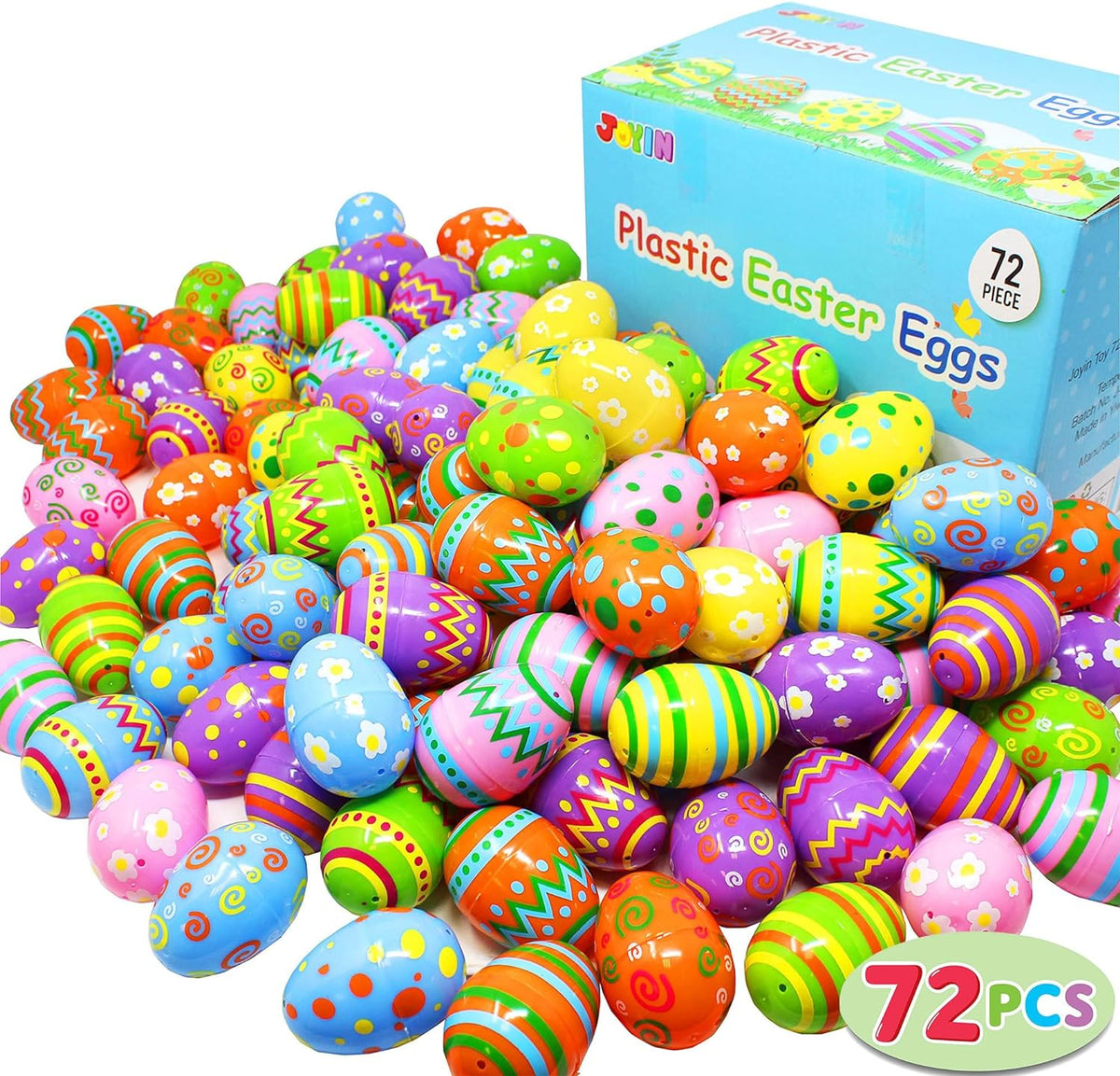 Plastic Printed Bright Easter Eggs 2.3" Tall for Easter Hunt, Basket Stuffers Fillers, Classroom Prize Supplies, Filling Treats and Party Favor