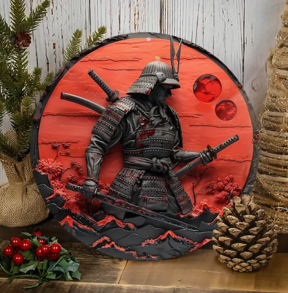 Round Japanese Samurai Aluminum Tin Wall Art, Decorative Metal Sign for Home