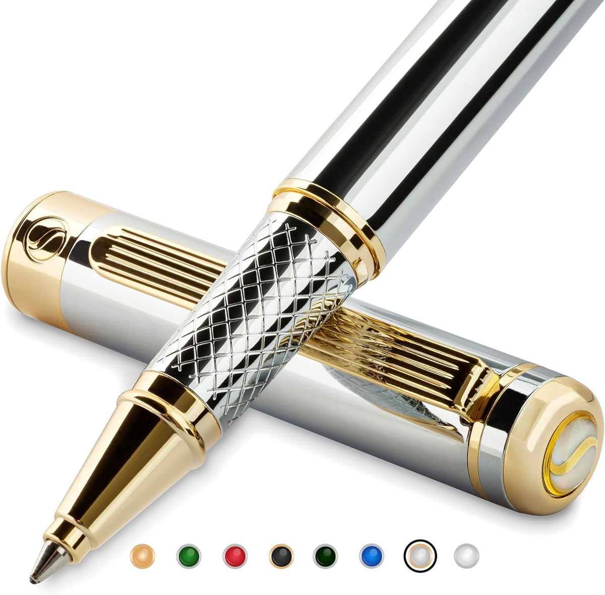 Scriveiner Silver Chrome Rollerball Pen - Stunning Luxury Pen with 24K Gold Finish, Schmidt Ink Refill, Best Roller Ball Pen Gift Set for Men & Women, Professional, Executive Office, Nice, Fancy Pens