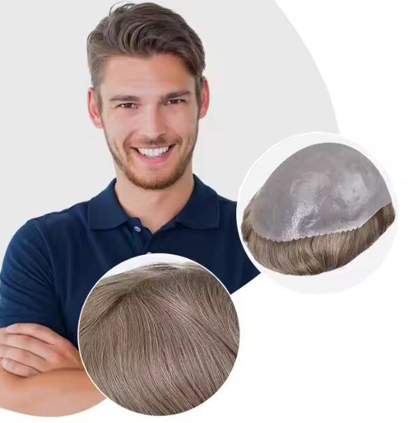 Skin All Human Hair Scallop Front Hair System For Men Color #20 With 10% Grey Wholesale Price Men's Toupee