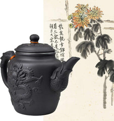 Teapot Chinese Gongfu Tea Large Pots 600ml Dragon Stainless Filter for Loose Tea (black)