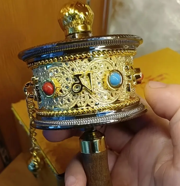 Tibetan Buddhist Handheld Prayer Wheel, Mantra Carving, Brass with Gem Embellishments, Meditation & Mindfulness Tool for Adults