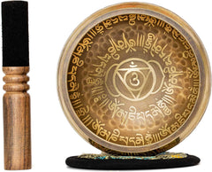 Tibetan Singing Bowl Set 4.2 inch with Holy Buddhist Mantra and Sacred Third Eye Symbol from Nepal~ Antique design suitable for Yoga, Meditation, Sound Healing & Chakra Balancing~ (4.2 Third EYE)