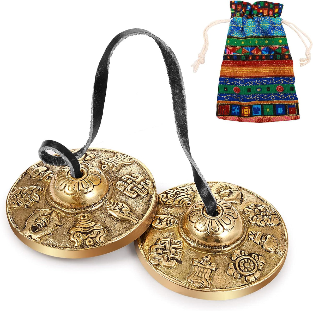 ibetan Tingsha Cymbals Meditation Chime Bells with Tibetan drawstring Cloth Bag, 6.5 cm Meditation Chime Bells, for Percussion Instrument (8 Lucky Symbols Embossed)