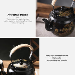 Japanese Beautiful Asian Porcelain Tea Set, Black with 1 Teapot, 6 Tea Cups, 1 Tea Tray, 1 Stainless Infuser for Adults, Tea Lover/Women/Men (Countryside in Golden)