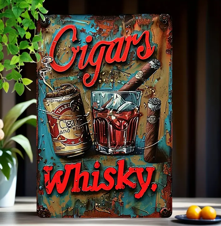 Whiskey & Cigar Art Print Metal Tin Sign Decor