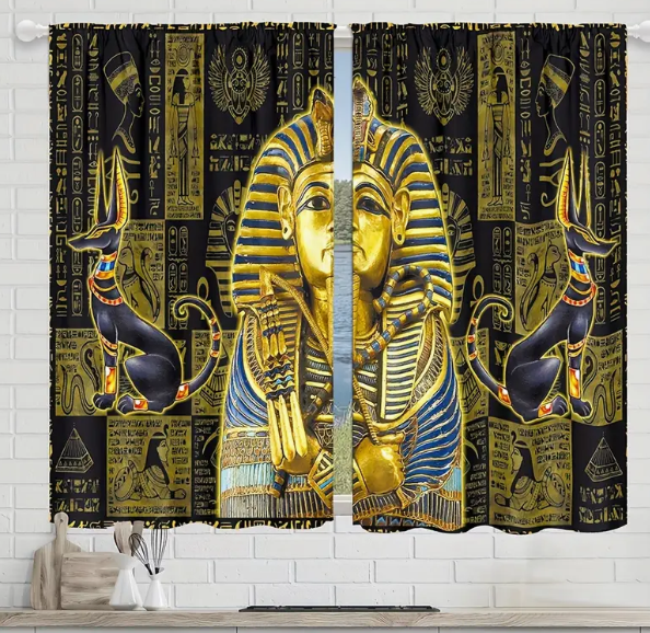 Vintage Golden Egyptian Pharaoh Print Semi-Transparent Polyester Curtains