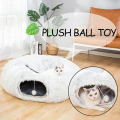 Warm Fluffy Plush Cat Dog Tunnel Bed with Washable Cushion-Big Tube Playground Toys 3 FT Diameter Longer Crinkle Collapsible 3 Way, for Indoor Cat Kitty Kitten Puppy Rabbit Ferret White