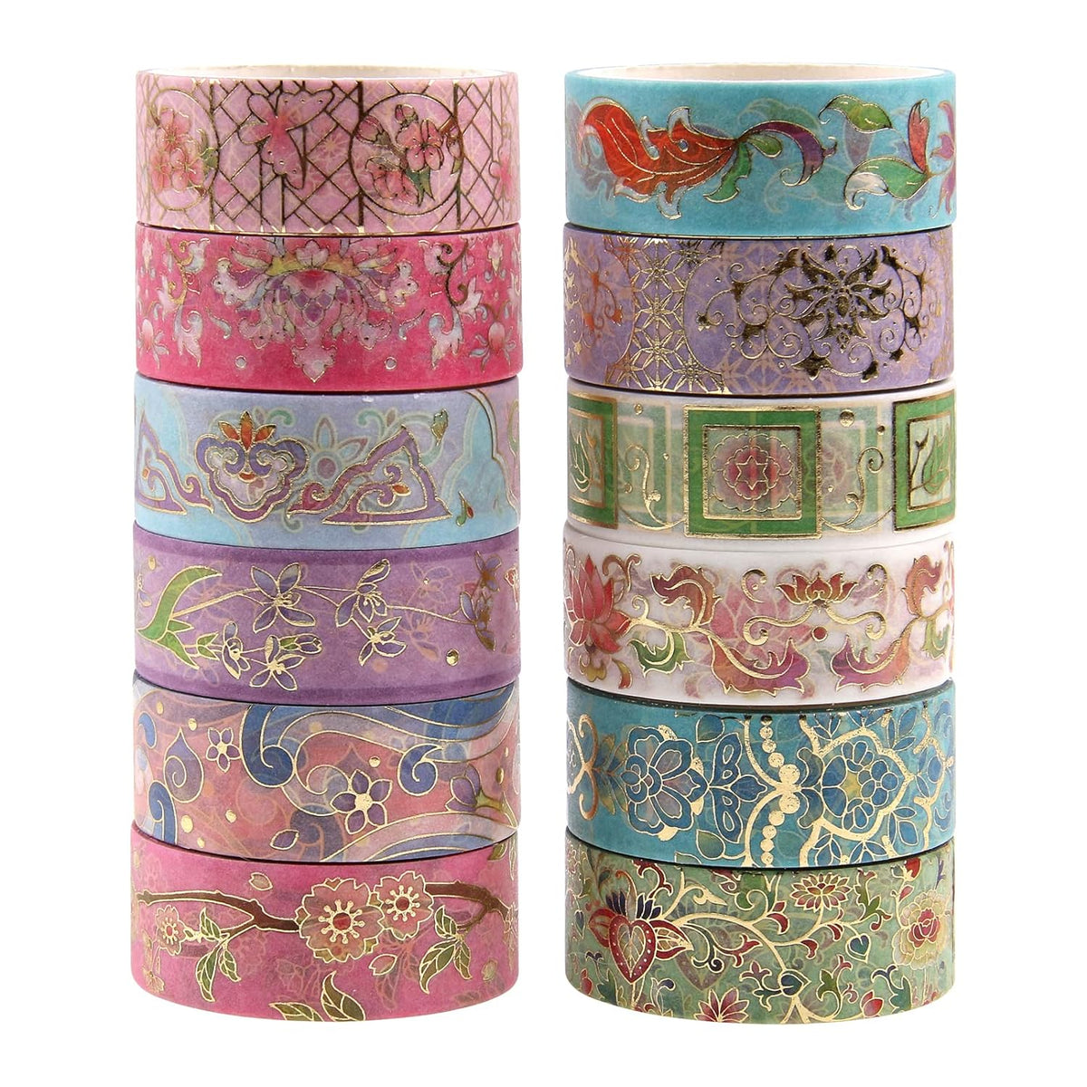 Washi Tape Set, 12 Rolls Floral Masking Tapes, Metallic Foil Aesthetic Decorative Tape for Scrapbook Journaling Craft Project Photo Frame 15mm