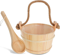 Wooden Sauna Bucket and Ladle Set 4L with Removable Plastic Liner, Rope Handle, 100mL Spoon