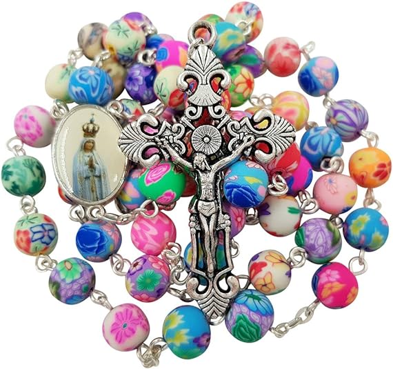 Catholic Rosary Necklace Colorful Polymer Beads Our Lady of Fatima Jesus Cross Holy Land Gift