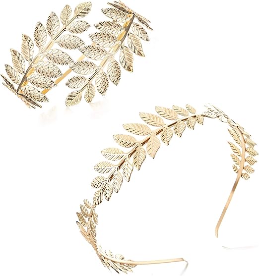 Greek Goddess Headband Arm Cuff Bridal Jewelry Set Roman Laurel Leaf Branch Crown Armlet Upper Arm Band Bracelet