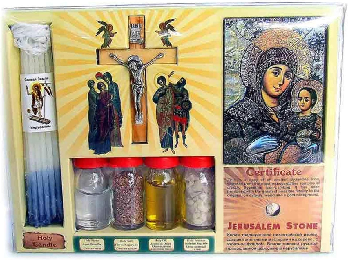 Holy Land souvenir 4 bottle set with a handmade Olivewood Crucifix