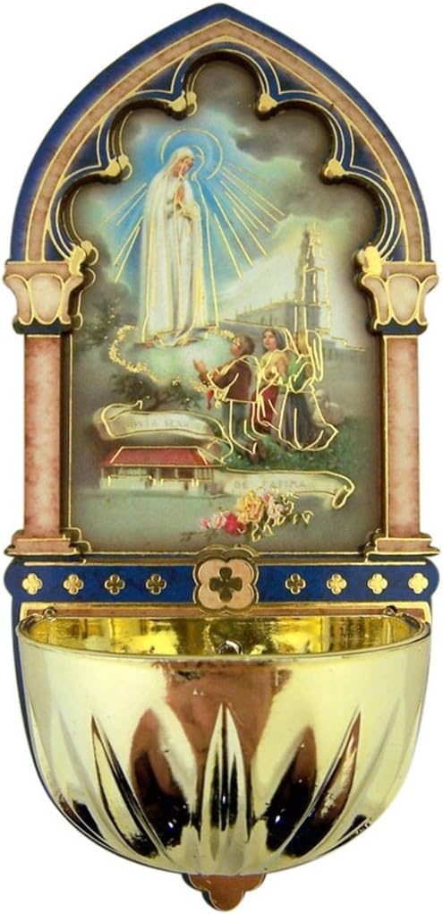 Religious Gifts Our Lady of Fatima Gold Embossed Laser Cut Wood Multi-Dimensional Holy Water Font, 5 Inch