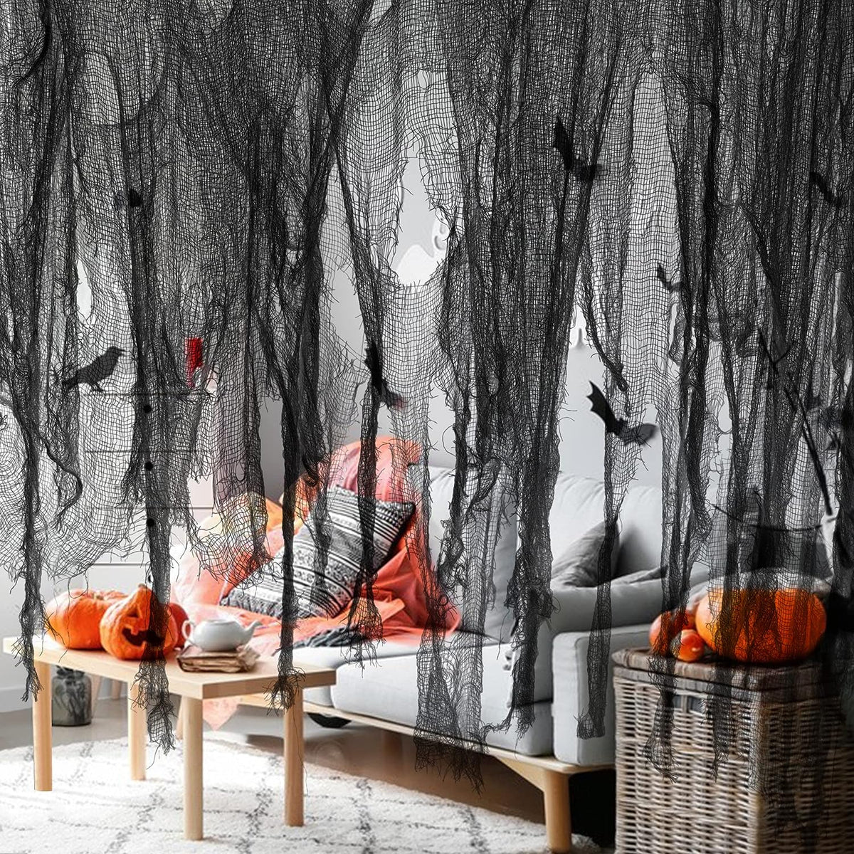 500x39 Inch Large Size Halloween Creepy Cloth-Halloween Black Scary Spooky Cloth-Windows Doorways Cover Gauze for Halloween Party Haunted House Decor