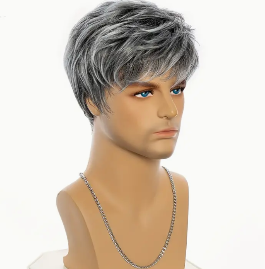 Stylish Men's Silvery Gray Gradient Wig - Short, Heat-Resistant Synthetic Hair, Lightweight 150g, Perfect for All Occasions