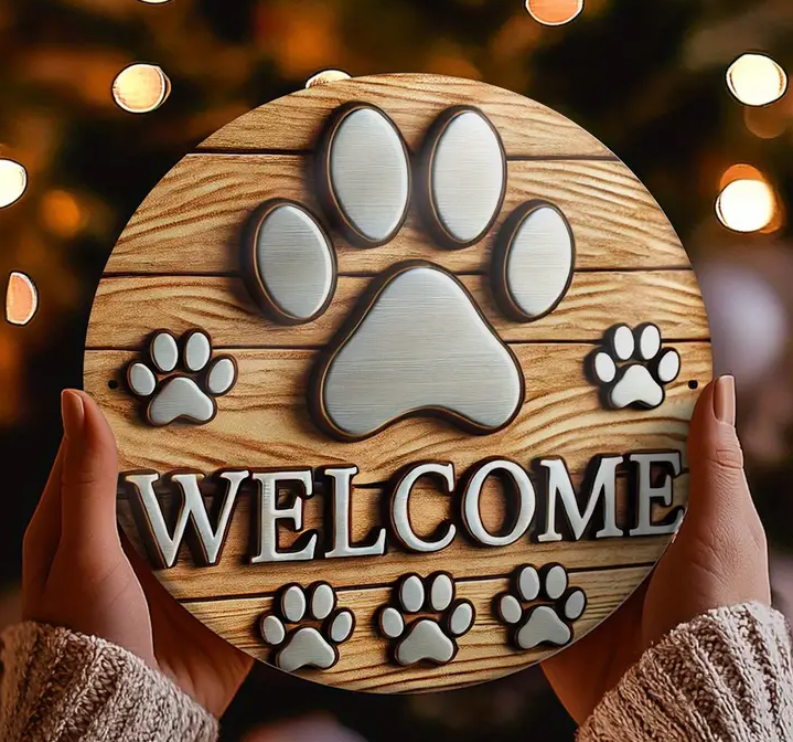 Pack of cute dog PAWS and Family-Themed Round Aluminum Welcome Sign
